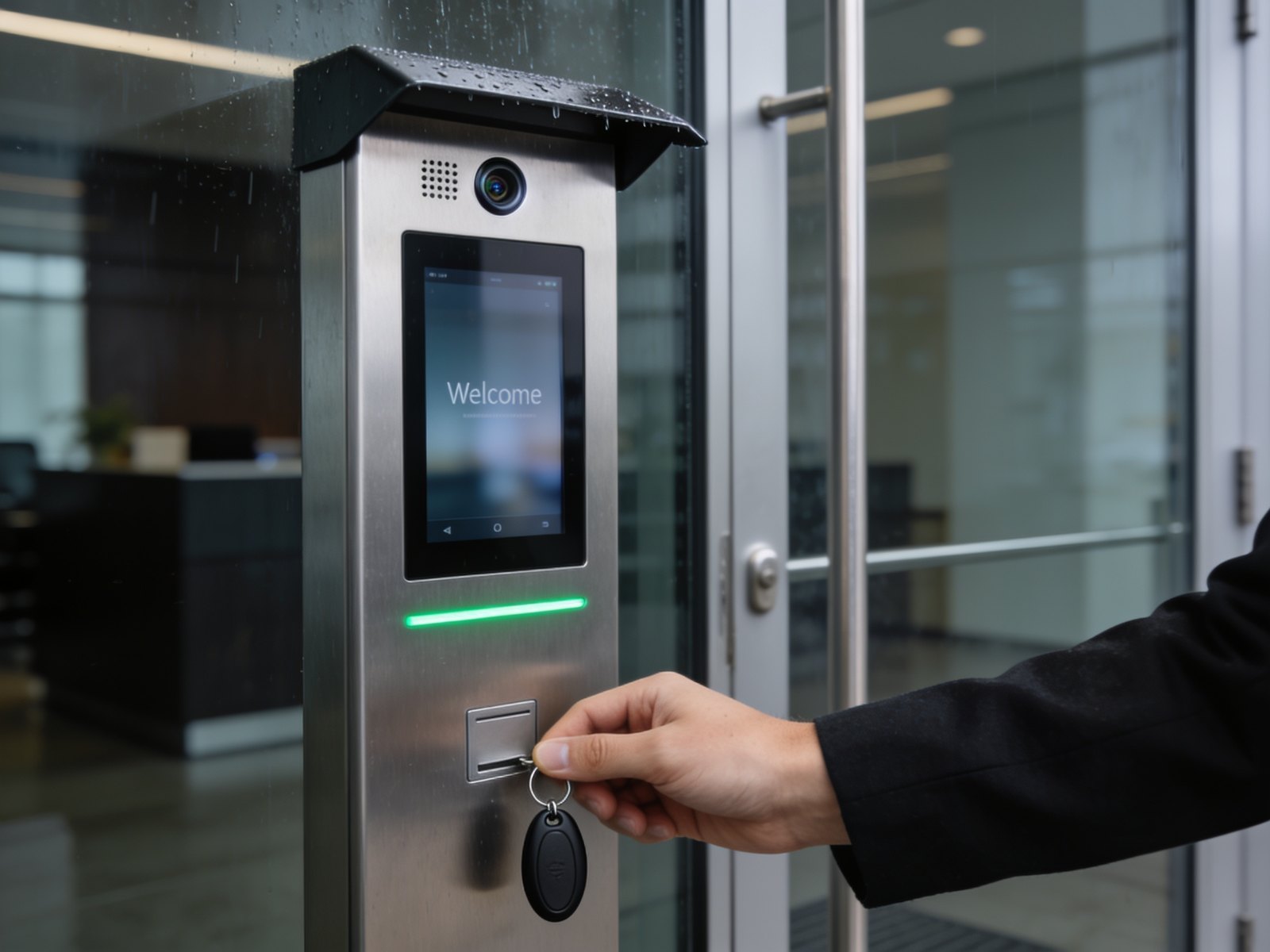 Proximity fob presented to a Paxton Net2 Entry style video door entry panel on a modern office entrance