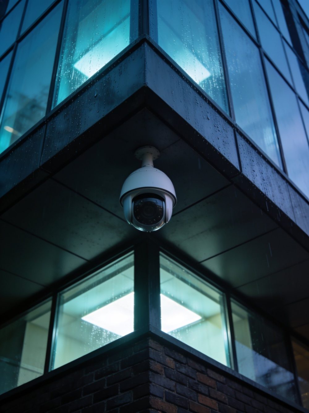 CCTV dome camera installed on a commercial building in Nottingham at dusk