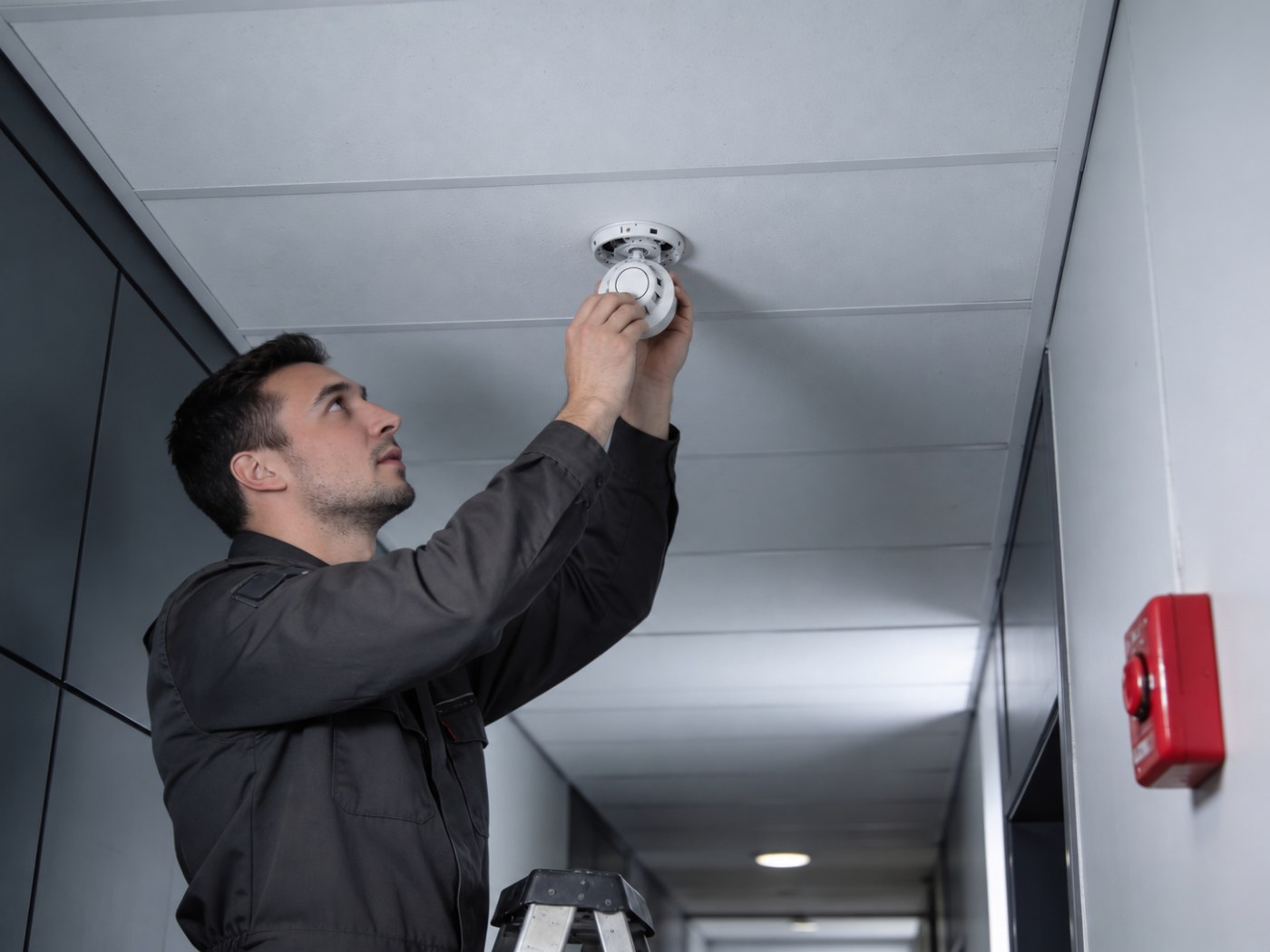 FSA engineer fitting an addressable optical smoke detector to a ceiling base in a Nottingham office corridor